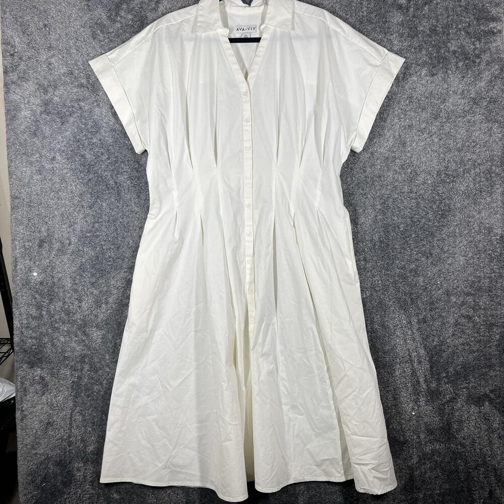 Ava & Viv Dress Womens 2XL White Shirt Dress Long Collared Ruched Pleated Cotton